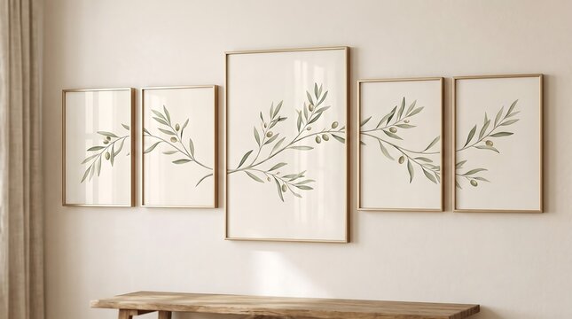 Olive branch wall art set photo of botanical paintings in golden frames hung on a neutral wall