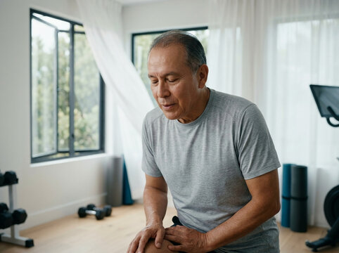 Elderly Hispanic man feeling sharp knee pain after exercise in his bright home gym. Senior citizen suffering from joint inflammation or sports injury.