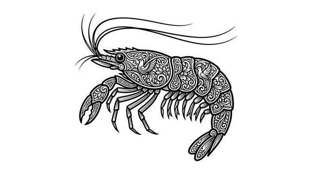 Detailed mandala crawfish lobster black line illustration