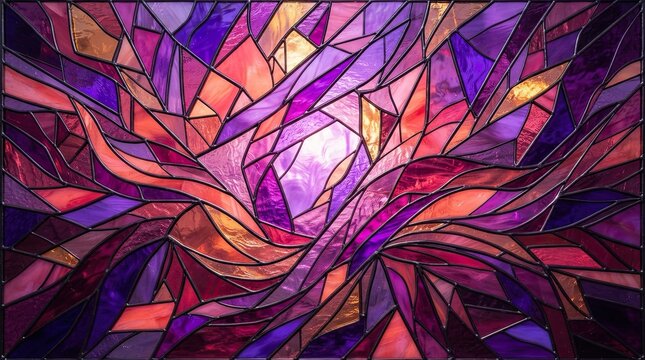 Abstract stained glass window pattern with purple and orange geometric shapes