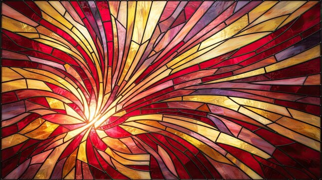 Abstract stained glass art with vibrant red orange and yellow light rays