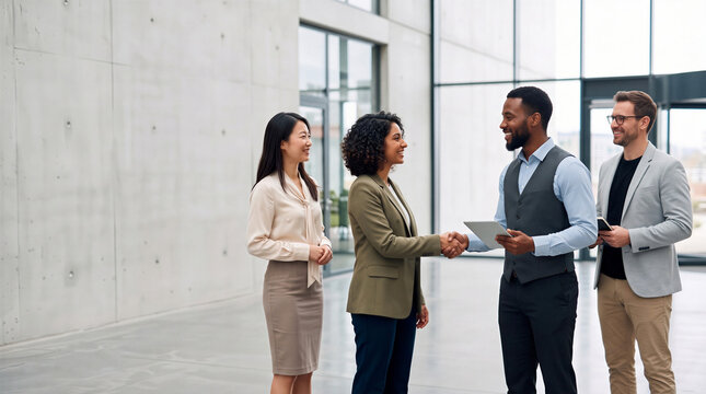 Diverse business partners shaking hands and greeting each other in modern office lobby