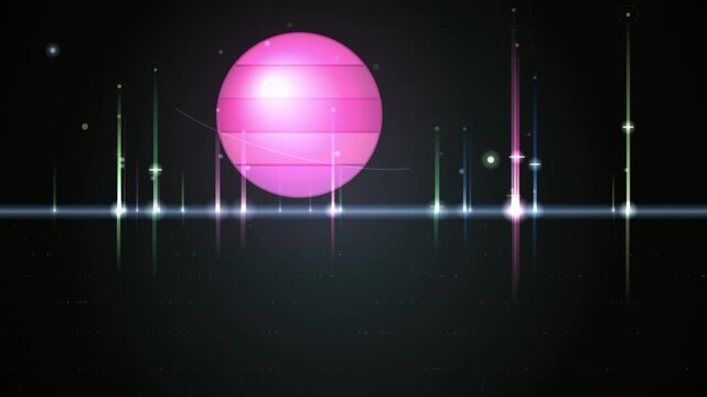 Abstract pink sphere floating above a digital audio equalizer display with glowing green bars on a black background.