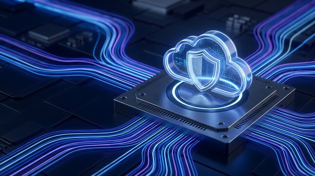 Secure cloud computing concept with glowing shield icon on a circuit board background with abstract data streams digital technology and cybersecurity.