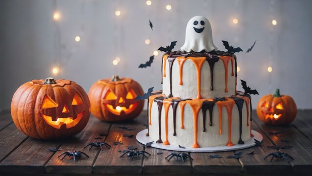 Two tier halloween cake with ghost topper and chocolate drip next to glowing carved jack o lanterns.