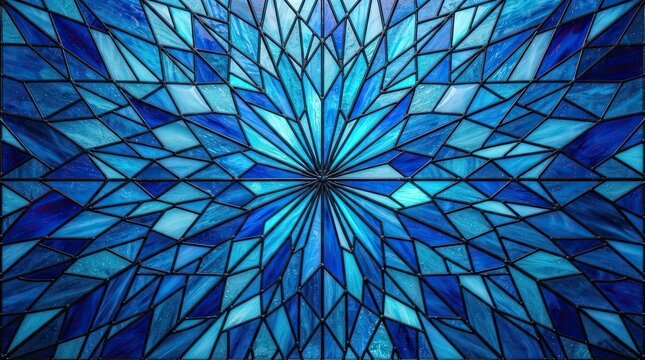 Abstract blue stained glass pattern with geometric shapes and light