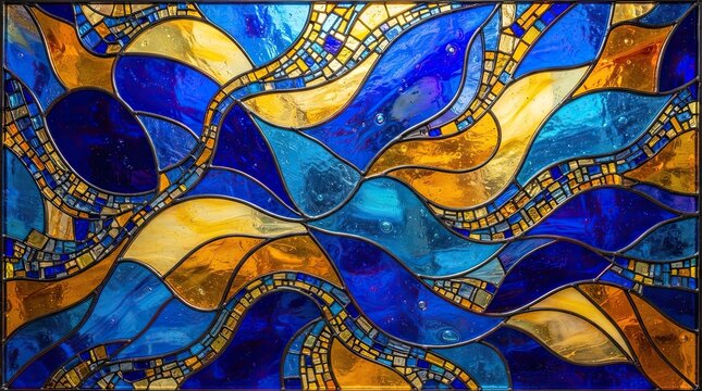Colorful abstract stained glass window pattern with flowing shapes