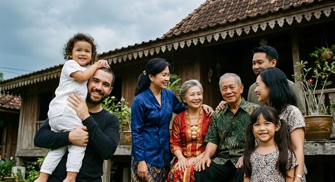 Multigenerational Indonesian Family Smiling Together Outside A Traditional Wooden House In Java