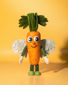 Cute cartoon carrot character with angel wings standing on a yellow background
