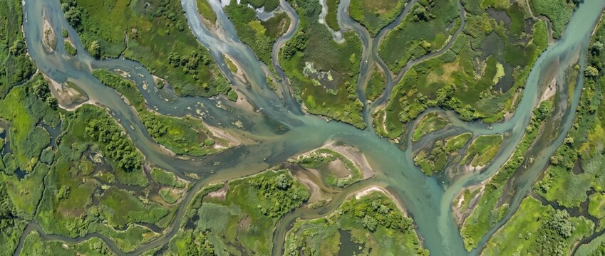 Aerial view of a winding river delta with intricate branching channels, lush green wetlands, and sandy sediment deposits in a natural landscape, captured from directly above