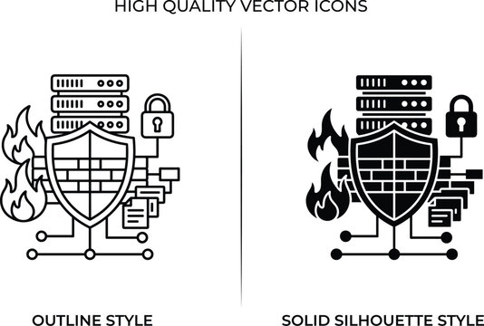 Server firewall protection and network security outline and solid silhouette vector icon set
