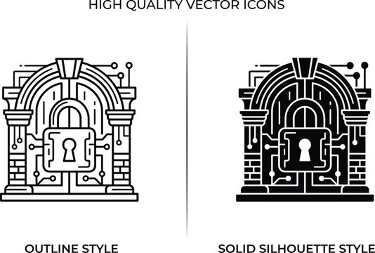 Secure data center firewall protection outline and solid silhouette vector icon set for cybersecurity infrastructure