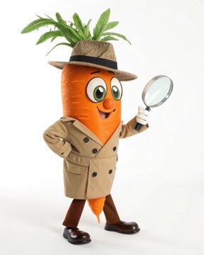Funny carrot vegetable character wearing a detective trench coat and hat holding a magnifying glass