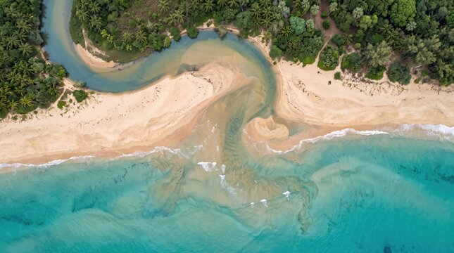 Aerial view of a winding river estuary flowing into the turquoise ocean, meeting a sandy tropical beach surrounded by dense green palm trees and coastal vegetation on a sunny day