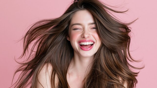 Joyful woman with flowing hair laughs exuberantly against a pastel backdrop.