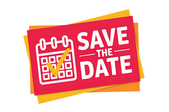 Red rectangular card with save the date text and calendar featuring a yellow checkmark symbol isolated on a transparent background