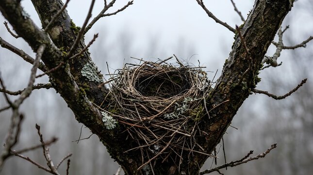 Small bird nest tucked into mossy tree branch fork.