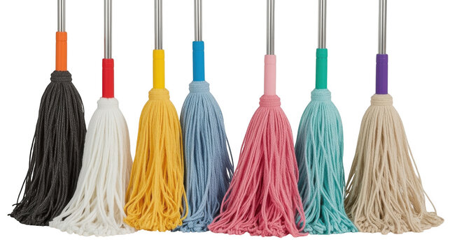 Colorful broom set with varied bristle colors displayed against a neutral background for cleaning product presentation.