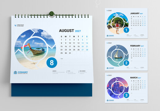 Modern 2027 Wall Calendar Design Template with Circular Travel Theme