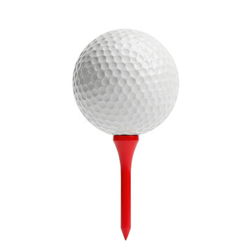 White golf ball resting on a red tee isolated on a white background