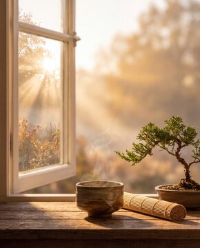 Portrait Framing of A serene minimalist indoor sanctuary f at Golden S