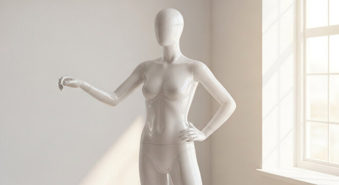 White female mannequin standing in a bright room with natural window light