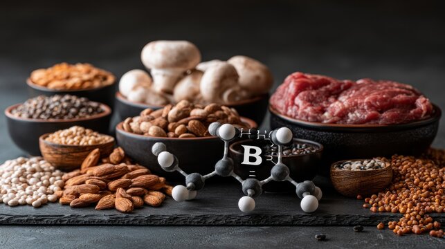 Assortment of foods rich in vitamin b and protein with molecular model on transparent background