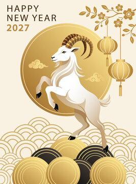 happy Chinese new year of goat zodiac 2027 lunar china template greeting card with lanterns and goat Happy New Year and symbol of the Year of the Goat design