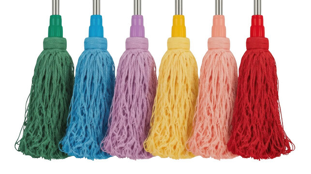 Five colorful mop heads in vibrant shades displayed side by side against a plain transparent background.