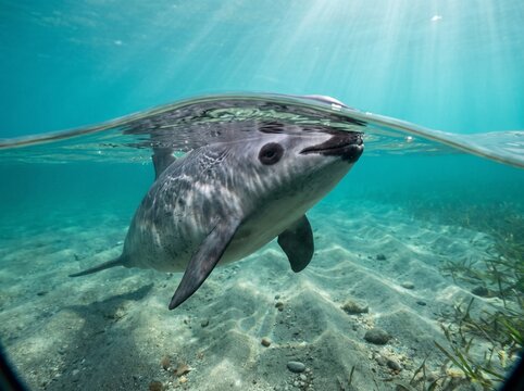 Split Shot of Critically Endangered Vaquita Porpoise Swimming in Clear Shallow Water