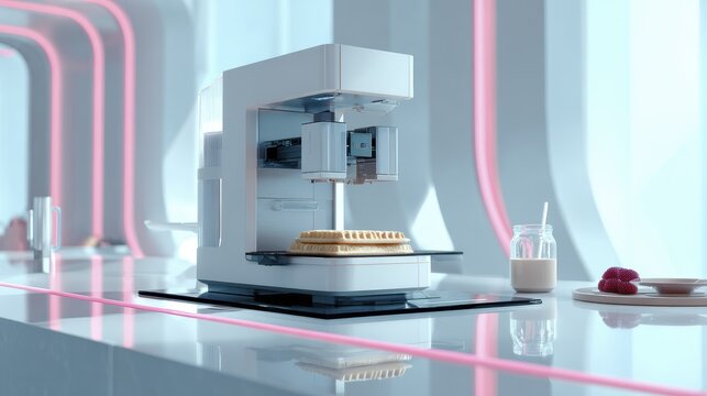Futuristic kitchen: high-tech 3d food printer creating delicious pie in modern setting