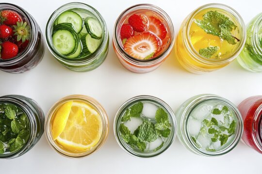 Assorted refreshing infused water with colorful fresh fruits and herbs in mason jars