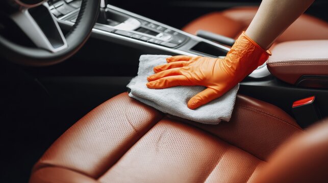 Professional car interior cleaning: gloved hand wiping leather seats with a cloth for pristine finish