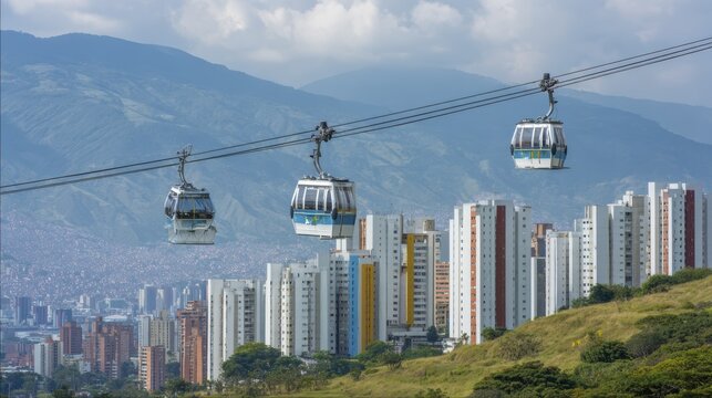 Urban cable cars over medellin with mountain backdrop and skyline views