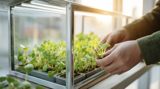 Caring for young seedlings in a sunlit indoor greenhouse