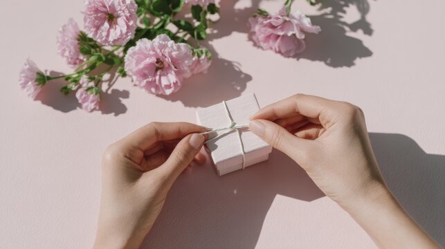 Delicate gift wrapping with pink flowers and ribbon on pastel background