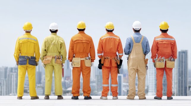 Construction workers in uniforms overlooking cityscape from rooftop
