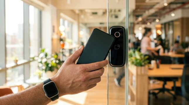 A close-up view of a person using a smartphone to gain access through a glass office door via an electronic reader
