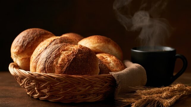 Freshly baked rustic bread roll in woven basket next to steaming black cup and wheat stalk on wooden table with warm dark background