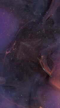 Vertical video. Haze steam. Paint water splash. Defocused pink blue purple color glitter texture filling broken glass on abstract art bokeh background.