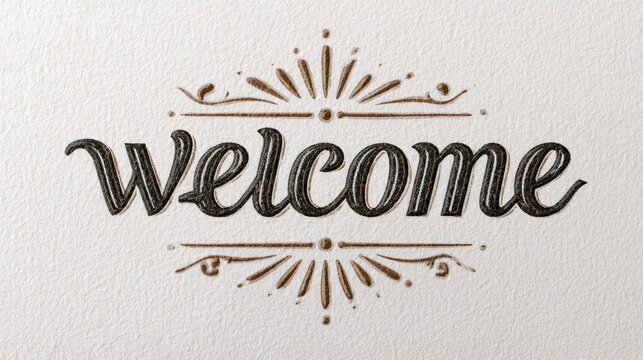 Elegant script welcome text with ornate decorations on textured background