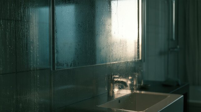 Foggy steamy bathroom mirror with water droplets close up, dim lighting and dark moody atmosphere over white sink and wall