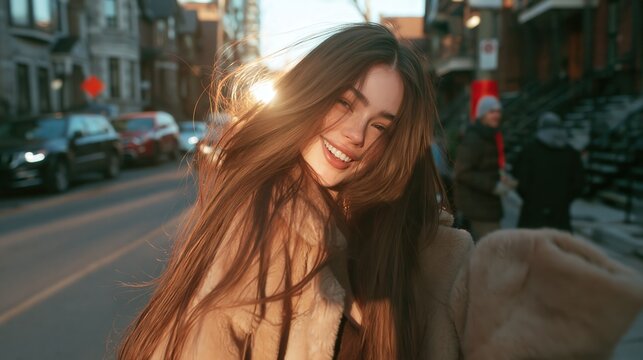 Joyful woman with long hair smiles while walking down a street during golden hour.