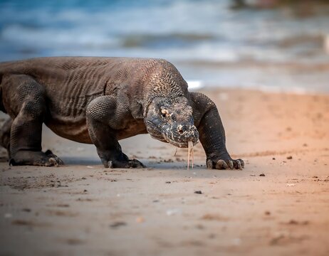 Komodo Dragon (Varanus komodoensis) Walking on Sandy Beach with Tongue Flicking in Komodo National Park, Indonesia
