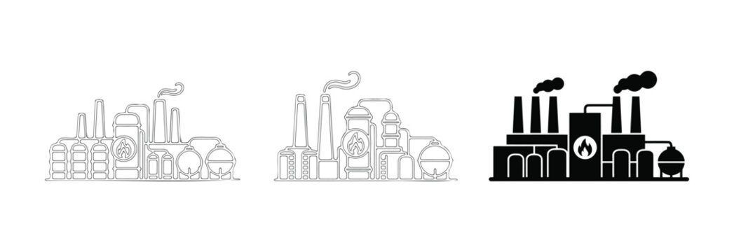 Set of three industrial refinery plant icons featuring line art and solid black silhouettes of factory buildings with smokestacks and storage tanks