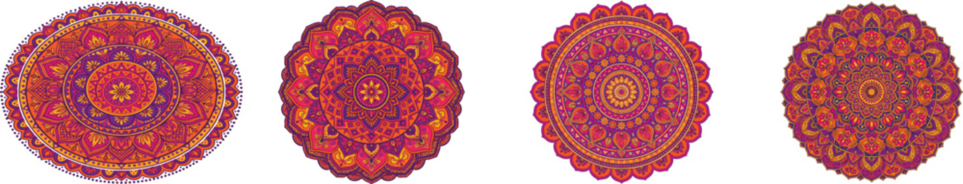 Colorful circular mandala pattern vector illustration featuring vibrant orange, purple, pink, and yellow geometric floral layers. Traditional Indian rangoli motif design, vector isolated on white