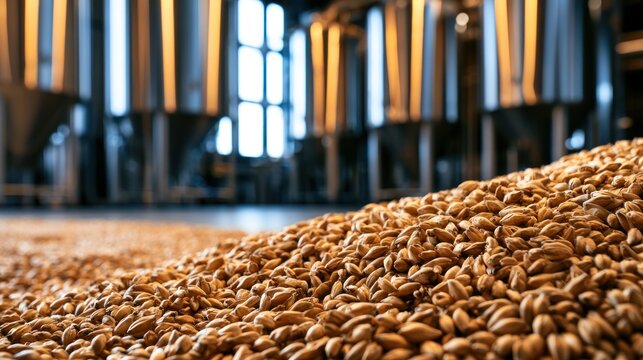 Pile of golden malted barley grains in a brewery production facility