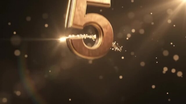 Abstract golden 3D numbers counting down with flying confetti particles for celebration
