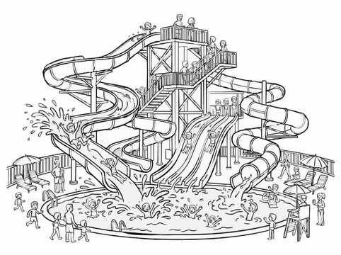 Aquatic park waterslides splash pool recreation summer playful black white outline vector isolated white background.