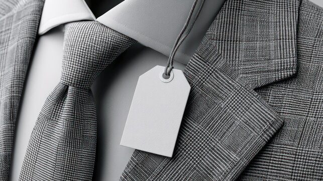 Close up of a gray plaid suit jacket with a tie and blank tag on transparent background